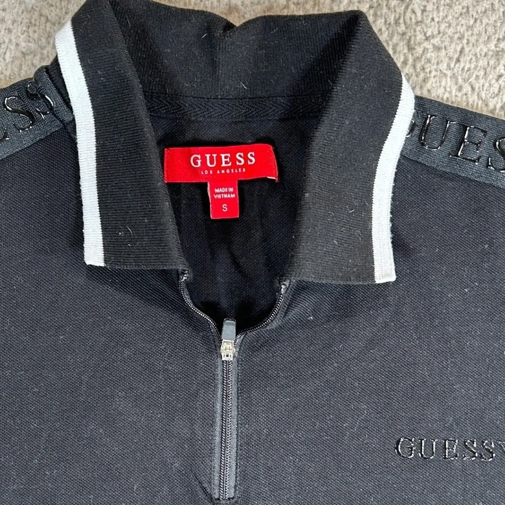 Guess Mens Black 1/4 Zip Polo Shirt Short Sleeve Logo Tape‎ Shoulder Small